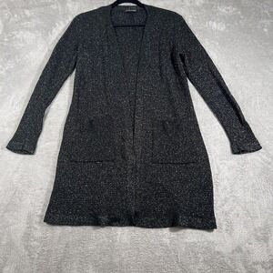 Eileen Fisher Cardigan Sweater Womens Small Black Metallic Wool Blend Open Front